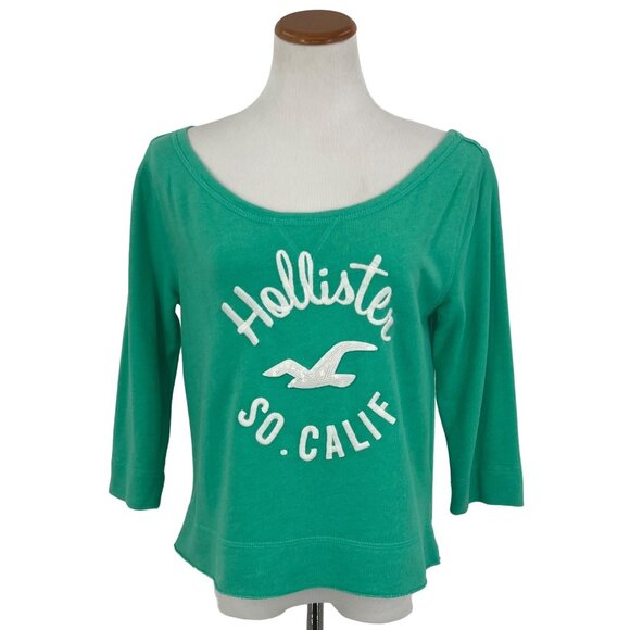 NWT Hollister Seafoam Green Slouchy Embroidered Sequin Logo 3/4 Sleeve Sweater - Picture 1 of 11